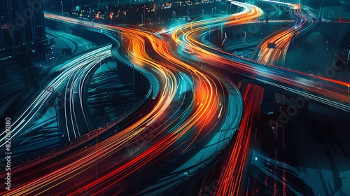 Vibrant city night traffic light trails forming a dynamic pattern on a busy highway junction  showcasing urban speed and movement.