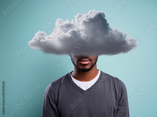 African-American man with gray cloud over head, against blue background, dealing with sadness, depression and mental illness, copy space