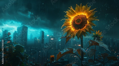 Cyberpunkthemed wilted sunflower with neon highlights, set against a futuristic cityscape under a dark sky, Cyberpunk, Digital Art 8K , high-resolution, ultra HD,up32K HD photo