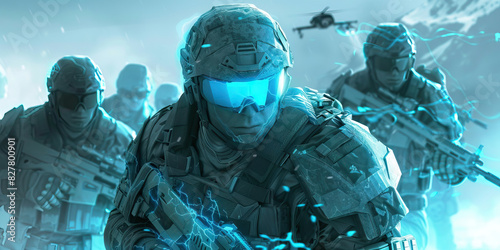 An augmented soldier, their enhancements glowing blue, leads a team of elite troops into battle against insurmountable odds