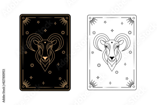 Tarot card with aries zodiac style. Simple line art style.