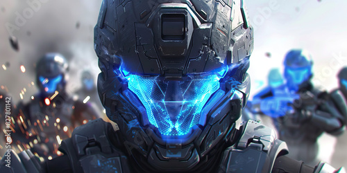 An augmented soldier, their enhancements glowing blue, leads a team of elite troops into battle against insurmountable odds