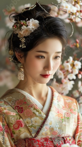 Beautiful Asian Woman Wearing Traditional Japanese Kimono with Cherry Blossoms