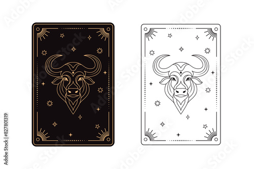 Tarot card with taurus zodiac style. Simple line art style.