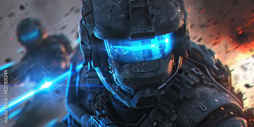 An augmented soldier, their enhancements glowing blue, leads a team of elite troops into battle against insurmountable odds photo