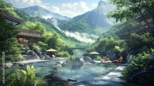 An Asian family spending a relaxing day at a serene hot spring resort  soaking in natural pools surrounded by lush greenery and scenic mountain views  while enjoying massages 