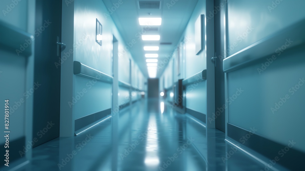 Fototapeta premium A long, empty hospital hallway with bright overhead lighting, white walls, and a clean, reflective floor creating a sterile environment.