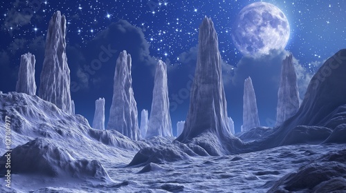 An ethereal moonscape bathed in the soft glow of digital moonlight, where towering lunar spires pierce the star-studded sky above. 32k, full ultra hd, high resolution photo