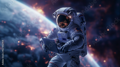An astronaut is using a laptop, floating in space. symbolizing the boundless reach of remote collaboration and video conferencing technologies.
