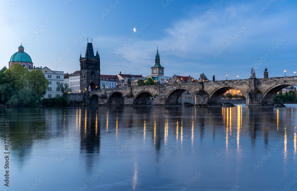 Prague, Czech Republic, Charles Bridge (Karluv Most) reflecting in Vltava river at blue hour