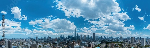 Tokyo skyline with blue sky and white clouds