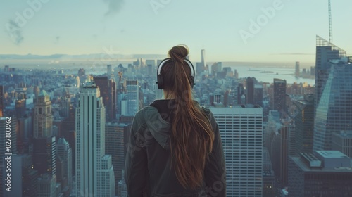 A young woman stands at the pinnacle of an urban skyscraper, 