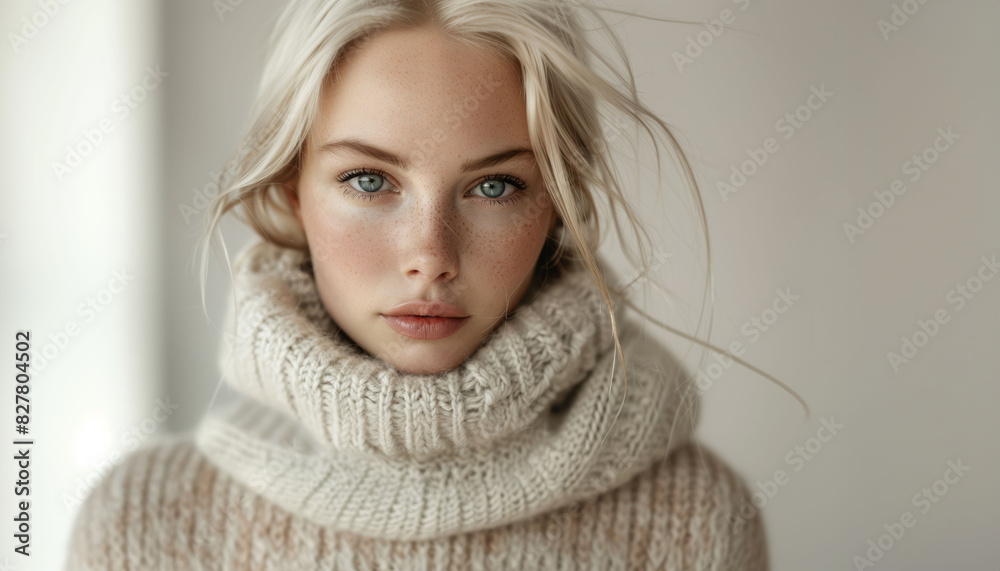 A soft gaze from a nordic model with a cozy turtleneck, evoking a serene and inviting winter warmth. A soft gaze from a nordic model with a cozy turtleneck, evoking a serene and inviting winter warmth.