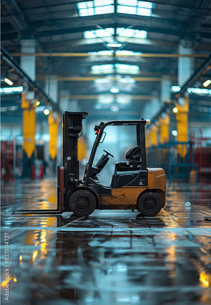 A solitary forklift parked in an empty warehouse aisle. A solitary forklift parked in an empty warehouse aisle.