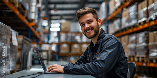 Smiling young man at his laptop in a bustling warehouse.