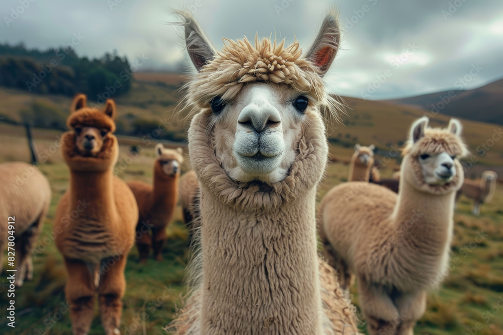 Obraz premium Inquisitive alpaca with a group in a scenic mountain pasture.