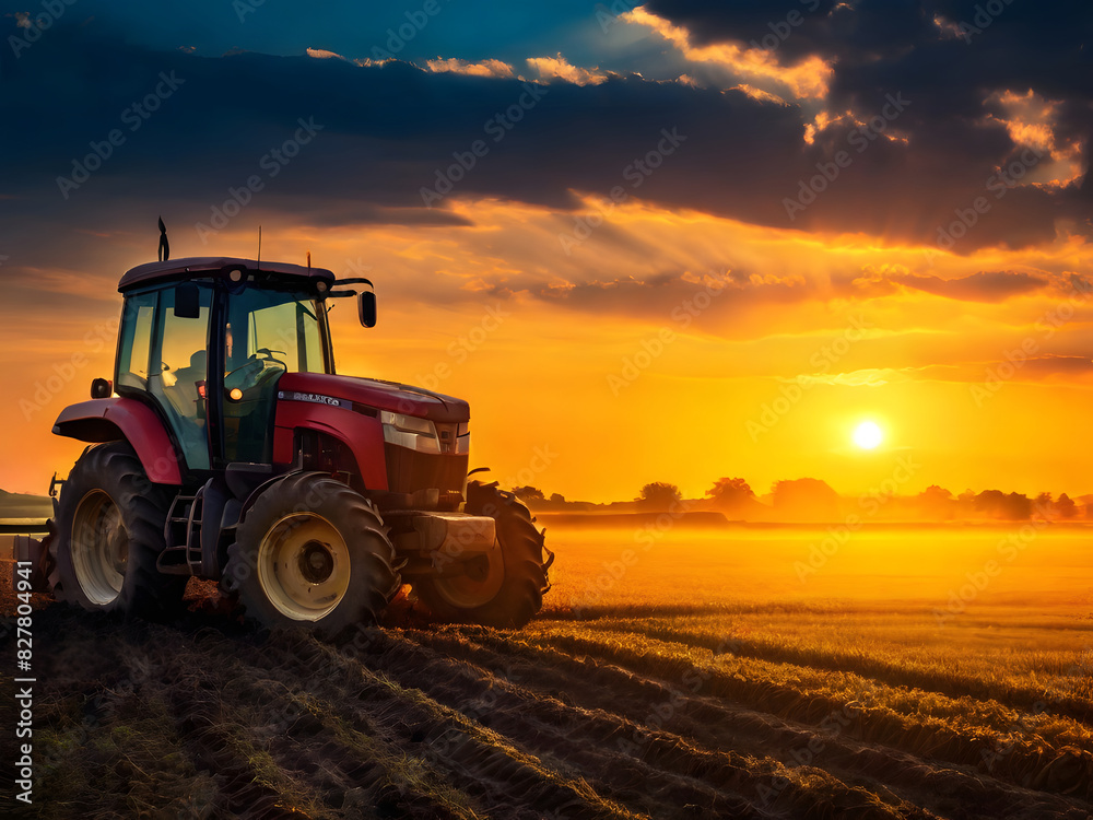 Fototapeta premium tractor on the field at sunset
