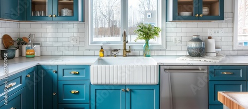 Blue kitchen interior featuring teal blue cabinets, white subway tile backsplash, and farmhouse sink, complemented by a large central island with a butcher block countertop photo