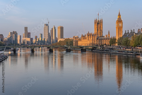 Westminster Palace with Big Ben  Vauxhall skyscrapers and Westminster bridge over River Thames in the morning  London  United Kingdom