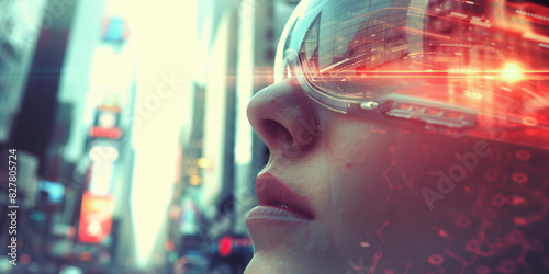 An augmented individual, their enhanced senses heightened to maximum, takes in the sights and sounds of the bustling city, their perception bordering on the superhuman photo