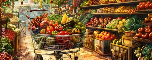 Shoppers cart overflowing with organic fruits, vegetables, and whole grains against a fresh produce aisle background photo