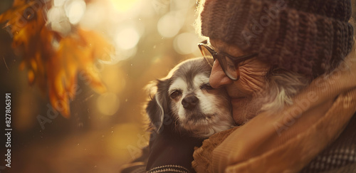 Outdoor Harmony  Mature Woman Sharing a Warm Hug with Her Beloved Dog