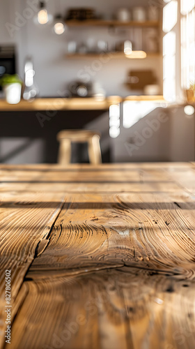 Close up of wooden table with blurred kitchen interior in the background