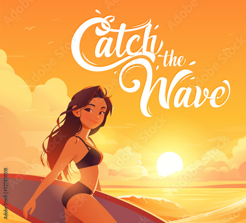 Surfer girl with surfboard on beach. Handwritten lettering Catch The Wave. Sunset. Ocean and waves. Healthy lifestyle. Surfing. Summer. Calligraphy for poster, postcard or banner. Cartoon illustration