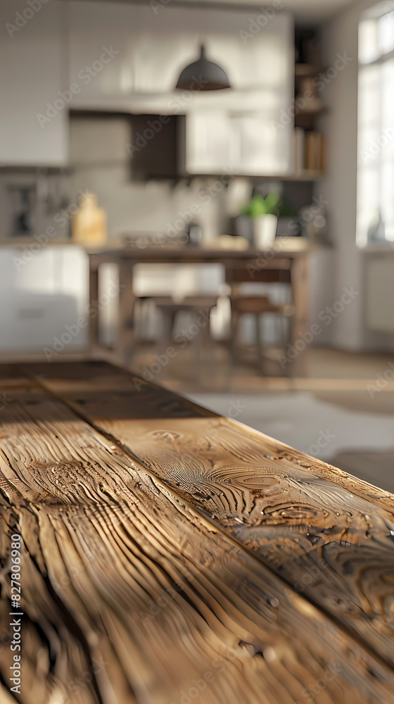 Close up of wooden table with blurred kitchen interior in the background Close up of wooden table with blurred kitchen interior in the background