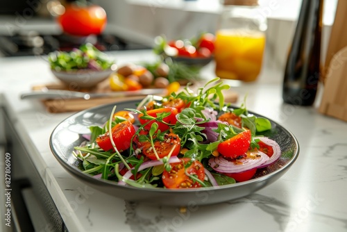 A plate of fresh salad with colorful vegetables and greens