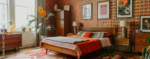 Retro-themed bedroom with bold-patterned wallpaper, a teak bedframe, and vintage posters on the walls