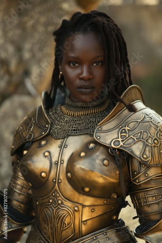 black woman in a golden knight's armor