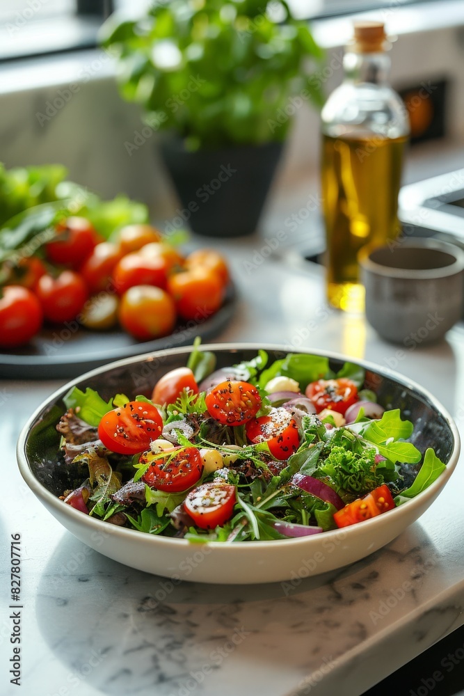 A plate of fresh salad with colorful vegetables and greens A plate of fresh salad with colorful vegetables and greens