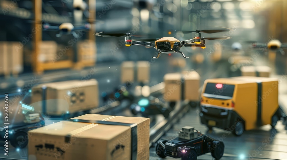 Network of autonomous vehicles, drones, and robots transporting packages seamlessly across a global shipping network Network of autonomous vehicles, drones, and robots transporting packages seamlessly across a global shipping network