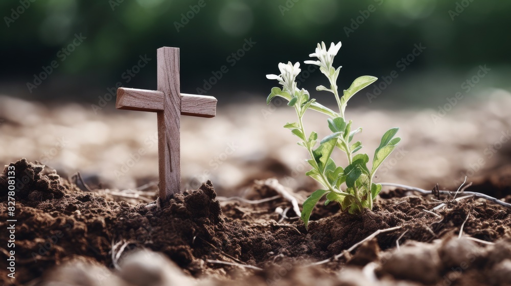 Wooden Cross And New Plant Sprouting From Soil Symbolizing Hope And Renewal. Generative AI