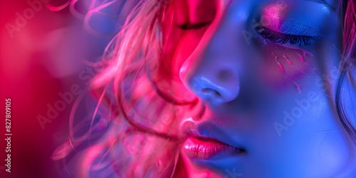 Woman's Face in Bright Colorful Lights Depicting Anxiety and Depression. Concept Anxiety, Depression, Bright Lights, Colorful, Woman's Face