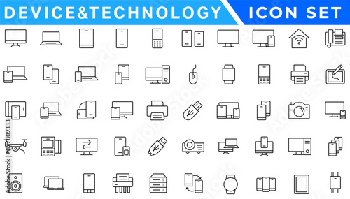Set of 50 Device and technology web icons in line style. Computer monitor, smartphone, tablet and laptop. Vector illustration.