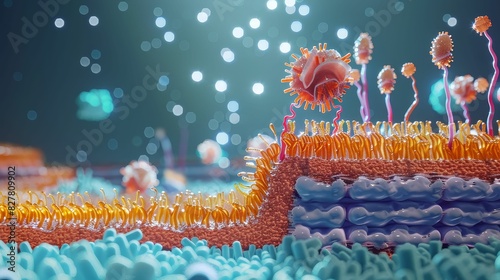 Highly detailed visualization of a cell membrane showcasing intricate protein channels and receptors photo