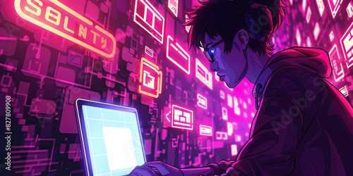 A lone netrunner, illuminated by their laptop's glow, navigates through a maze of neon signs and digital ephemera in pursuit of hidden data photo