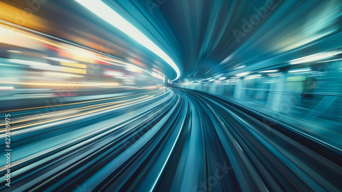 Abstract motion blur background of city streets, speed train in blue and white colors