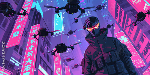 In a neon-lit cityscape, a cybernetically enhanced vigilante defiantly stands their ground against an onslaught of flying drones photo