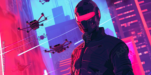 In a neon-lit cityscape, a cybernetically enhanced vigilante defiantly stands their ground against an onslaught of flying drones
