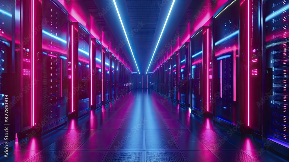 Fototapeta premium neon-lit data center, front view with vibrant colors, sleek equipment and glowing lines, capturing the futuristic essence, cyberpunk style