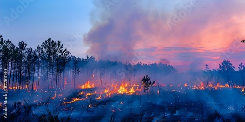 Devastating wildfire ravages pine forest during dry season as part of escalating environmental crisis. Concept Wildfire, Pine Forest, Dry Season, Environmental Crisis, Devastating Impact photo
