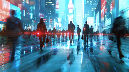 Wallpaper Mural A vibrant cityscape at night with blurred silhouettes of people walking through illuminated streets, reflecting on wet pavement. Torontodigital.ca