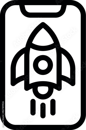 Modern flat design rocket launch smartphone icon for mobile app and web interface with black and white vector silhouette, perfect for technology, business, and communication concept