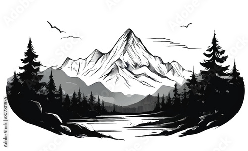 Forest and mountain vector black line illustration isolated white. Sketch art. Mountains Landscape. 
