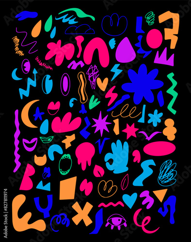 Vibrant neon abstract shapes on black background, ideal for modern design projects, digital art and creative advertising. Bold and eye-catching visual elements. Vector illustration