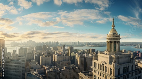 Majestic Urban Skyline View With Historic Architecture And Glistening River. Generative AI