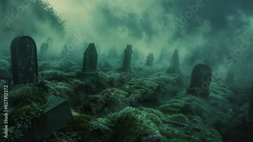 Gothic cemetery scene with mossy gravestones arranged in rows, eerie mist swirling around them at dawn photo